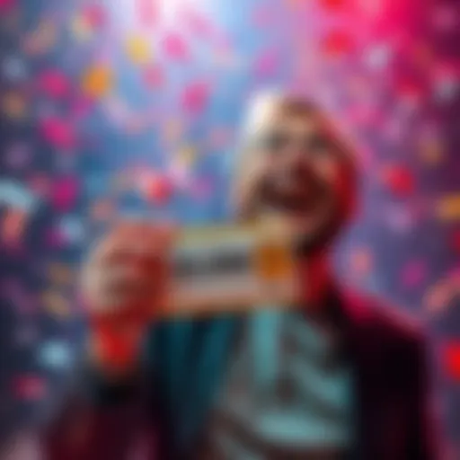 A joyful person celebrating while holding a lottery ticket after winning 20,000 Euros, with a backdrop of colorful confetti.