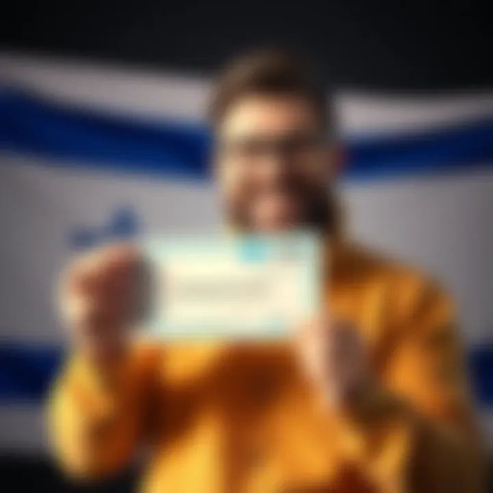 A happy lottery winner holding a ticket with the Israeli flag in the background, symbolizing support for Israel.
