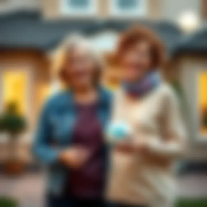 A happy lottery winner standing outside a new home with his mother beside him, both smiling and celebrating their fresh start.
