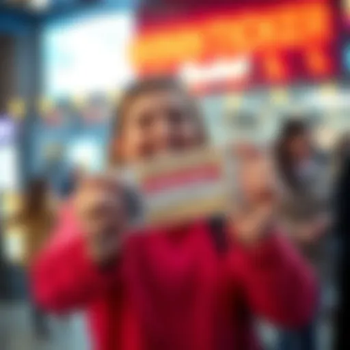 A joyful lottery winner holding their winning ticket with a big smile, celebrating their life-changing moment.