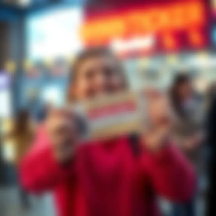 A joyful lottery winner holding their winning ticket with a big smile, celebrating their life-changing moment.