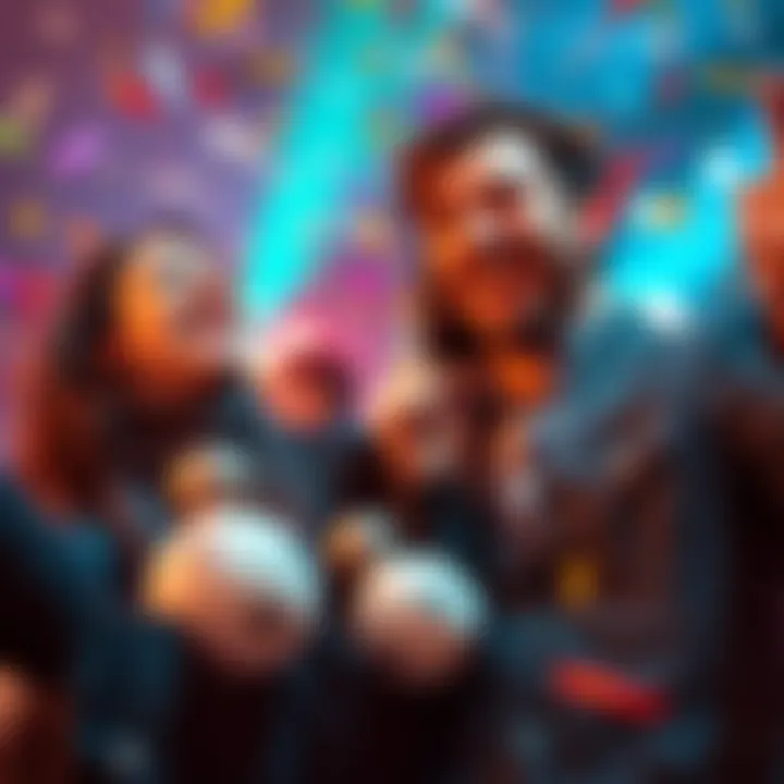 Two winners celebrating with smiles and confetti after winning the lottery