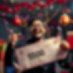 A joyful person celebrating a lottery win with Luis Diaz, holding a check for 5500 dollars, surrounded by confetti and festive decorations.