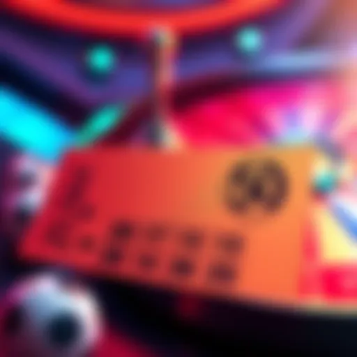 A bright, colorful lottery ticket with winning numbers highlighted and a spinning wheel in the background.