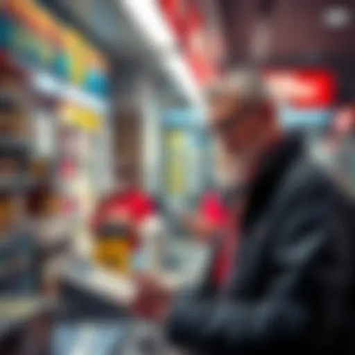 Lottery Ticket Purchase with Credit Card A person in Texas buying a lottery ticket using a credit card at a convenience store, with staff looking concerned in the background.