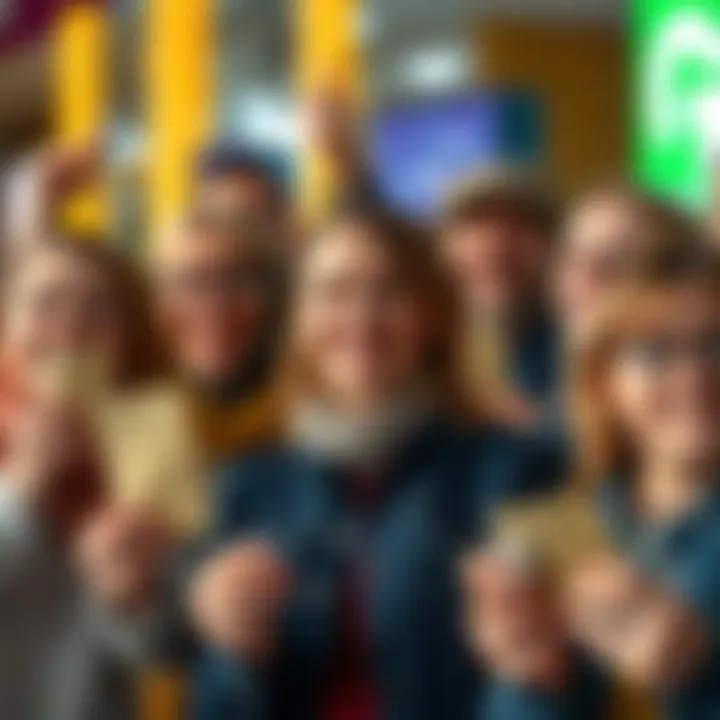 A group of happy people holding lotto tickets, celebrating the accessibility of lottery games.