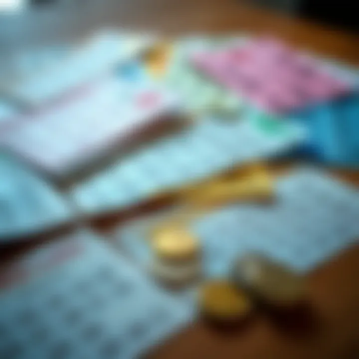 A close-up of colorful lotto tickets spread out on a table with a small pile of coins beside them, suggesting the excitement and risks of playing the lottery.