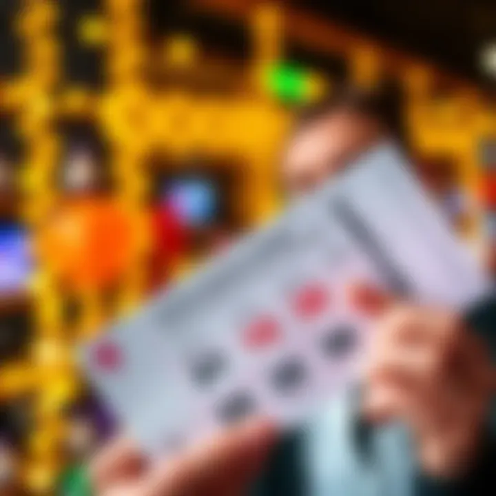 A hand holding a lotto ticket with highlighted winning numbers and a smiling person looking excited