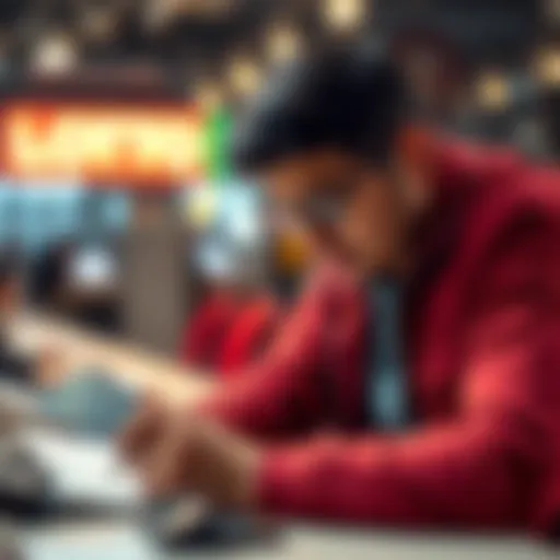 A person studying lotto numbers and strategies with a notebook and a calculator, focused on improving their odds.
