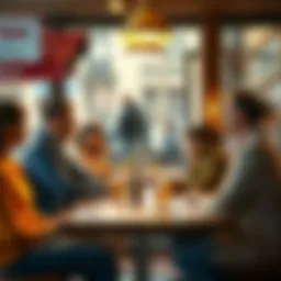 Lotto tips and everyday life A lighthearted scene showing people engaging in daily activities while discussing lottery tips at a cafe table.