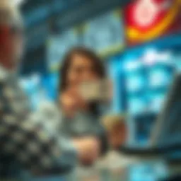 A happy person holding a lottery ticket and cash in front of a cashier, considering a tip