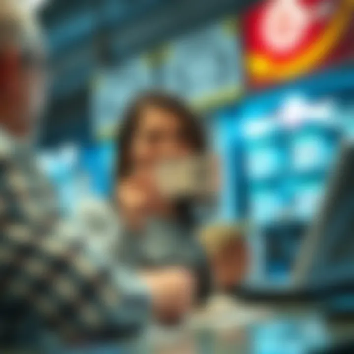 A happy person holding a lottery ticket and cash in front of a cashier, considering a tip