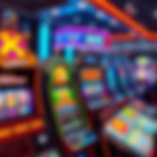 A colorful display of various slot machines showing symbols and jackpots, representing low budget gaming options.