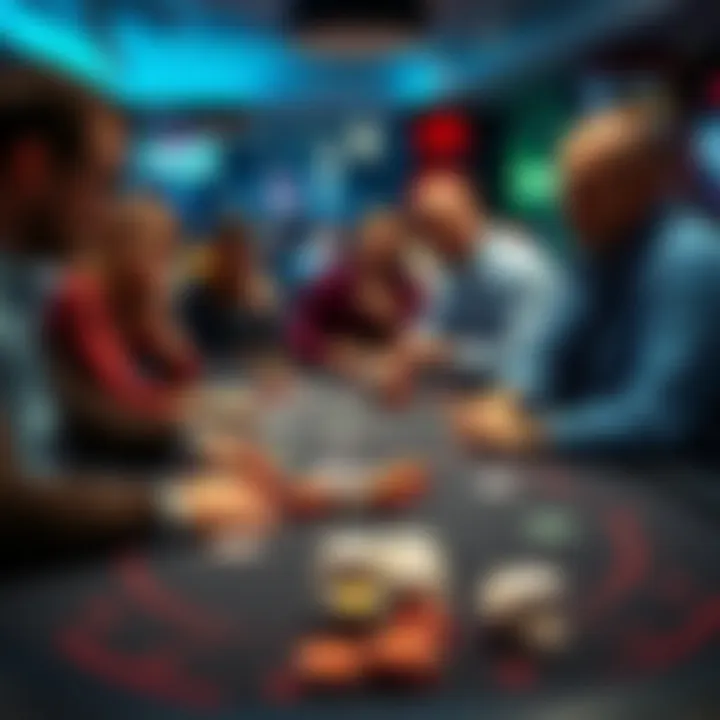 Low-stakes poker table with players A group of people playing low-stakes fixed-limit poker at a table, focused on their cards and chips