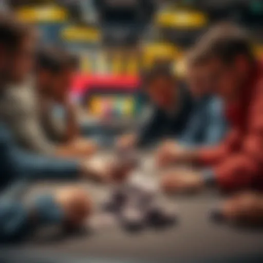 A group of players at a low-stakes poker table, focused on their cards with chips stacked in front of them, discussing strategies and using analytics tools.