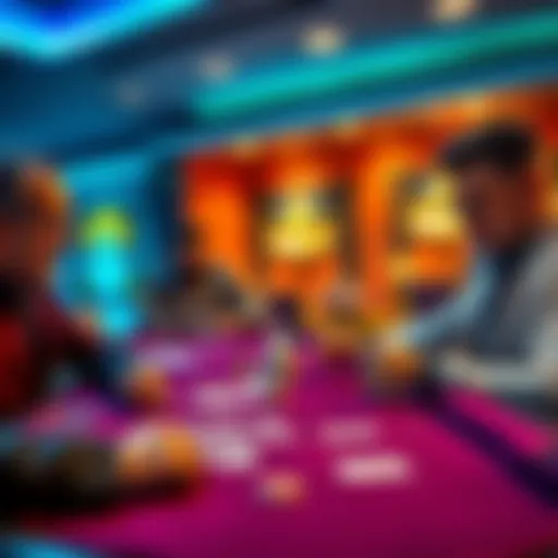 A casino scene featuring players at a table discussing low variance strategies while playing a card game, with focus on their expressions and chips.