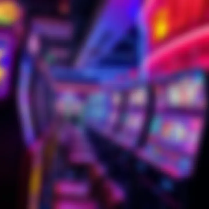 A colorful display of low volatility slot machines in a California casino, featuring bright lights and enticing themes.