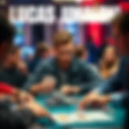 Lucas Jumalon focused at a poker table during the WSOP Main Event, with cards in hand and various reactions from other players around him.