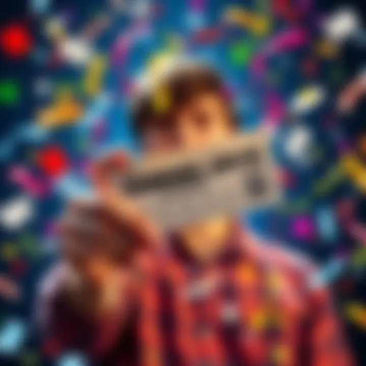 A person holding a winning lottery ticket with confetti falling around them, symbolizing excitement and luck on FanDuel.