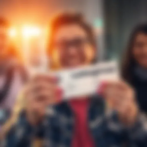 A happy person holding a lottery ticket with a big smile after winning a cash prize