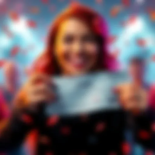 A happy person holding a lottery ticket with a big smile, celebrating their win and surrounded by confetti.