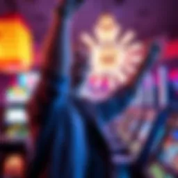 A person celebrating a big win at a casino, with colorful lights and slot machines in the background.