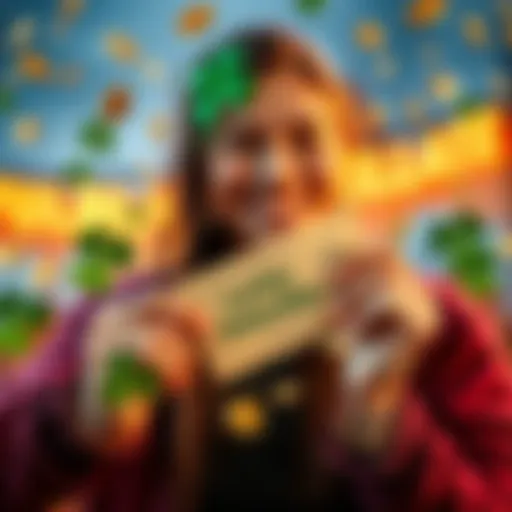 A cheerful person holding a lottery ticket with a big smile, surrounded by symbols of luck like four-leaf clovers and gold coins, celebrating winning opportunities on Saturday.