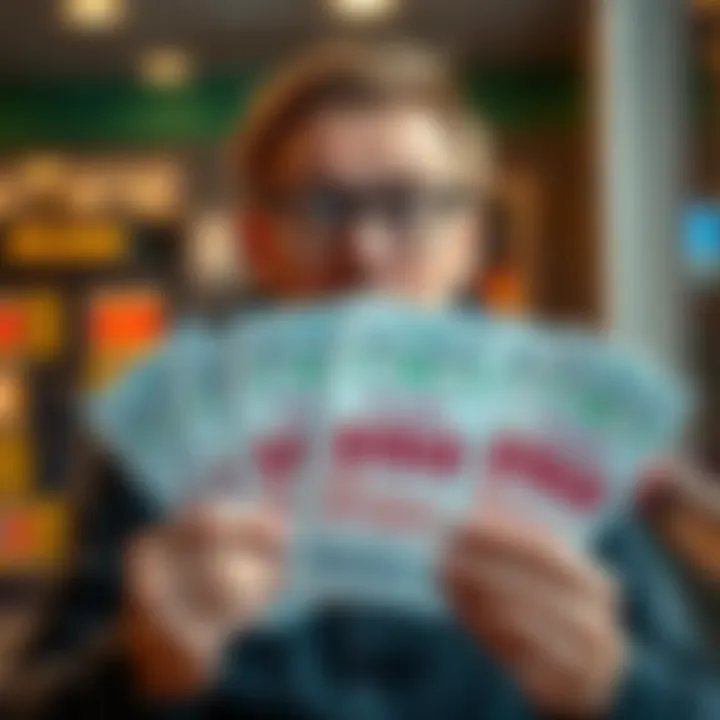 A man holding multiple winning scratch-off tickets with a surprised expression, displaying the amounts won on each ticket.