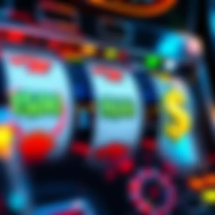 Lucky Spin A close-up view of a slot machine showing three spinning reels with bright symbols and a dollar sign, representing excitement and high stakes during a game.