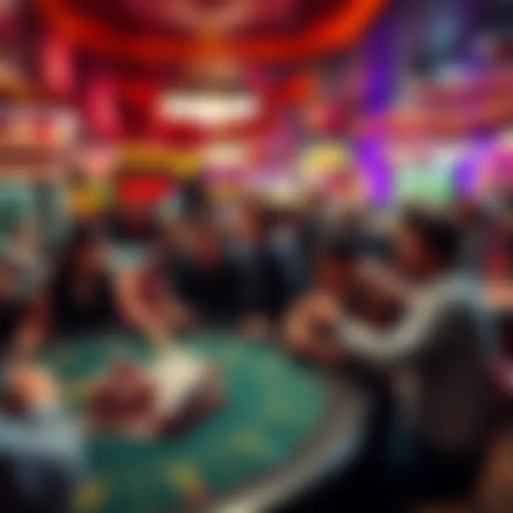 A crowded casino floor with a popular gaming table where players eagerly wait to sit down, showcasing chips and cards, symbolizing good fortune.