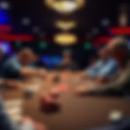 A lively poker table with players focused on their cards and chips at Lucky Chances casino near San Francisco