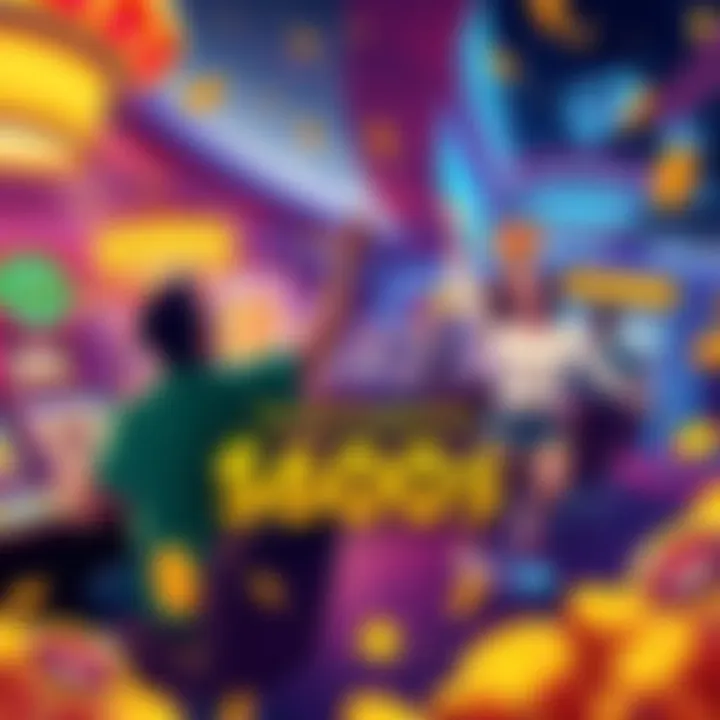 A vibrant illustration showing a casino scene with players enjoying games and celebrating big wins, highlighting daily cash outs of up to 6000 dollars.