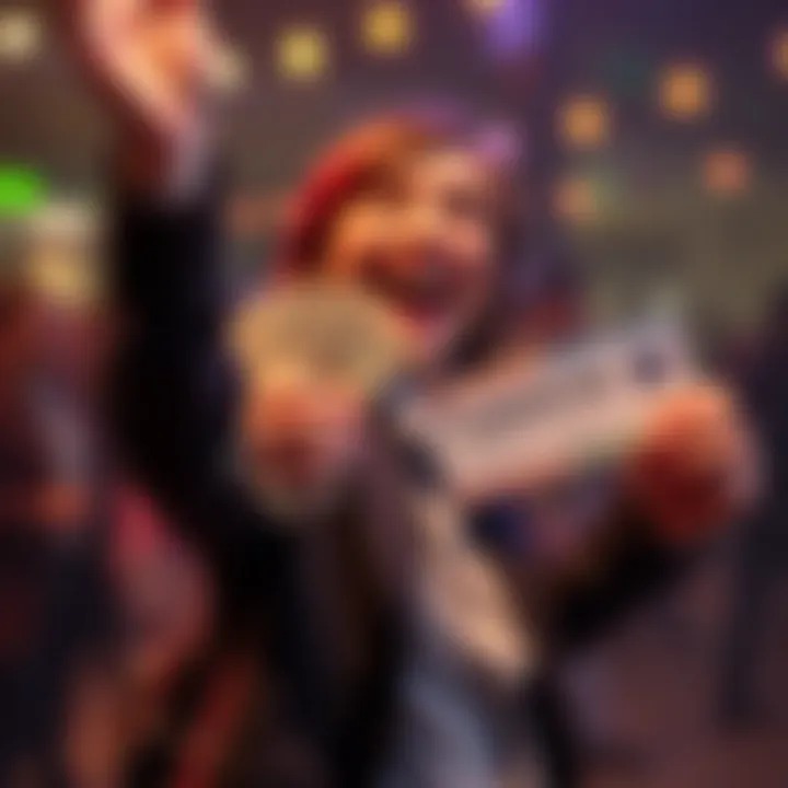 A joyful person celebrating their lottery win with cash in hand and a ticket for Lucky for Life.