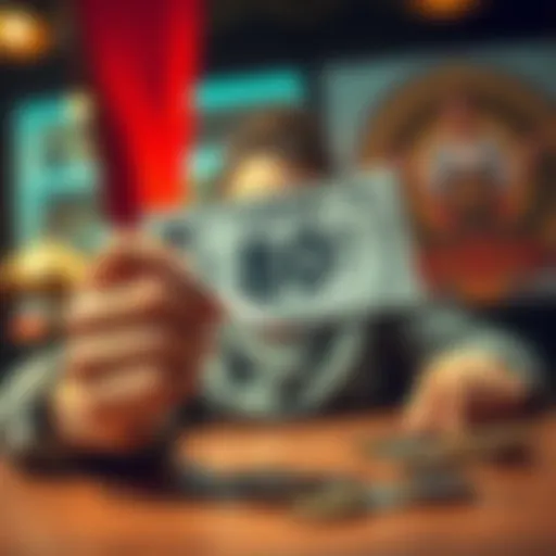 A person excitedly holding a winning lottery ticket with coins on a table