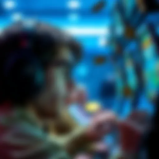 A person intensely playing Lucky Jet, looking at the screen with money symbols around, showing tension and anticipation.