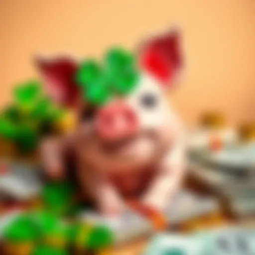 A cheerful pig figurine with a four-leaf clover, symbolizing good luck in betting, surrounded by cash and betting slips.
