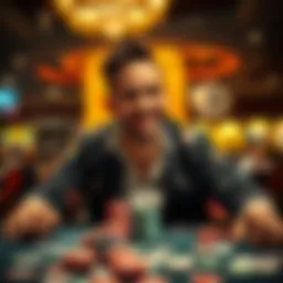 A joyful casino player celebrating a winning moment, surrounded by chips and cards after a big win.