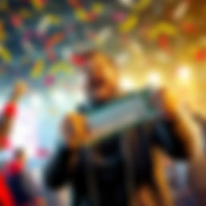 A person joyfully celebrating a big win while holding a ticket, surrounded by confetti and excitement.