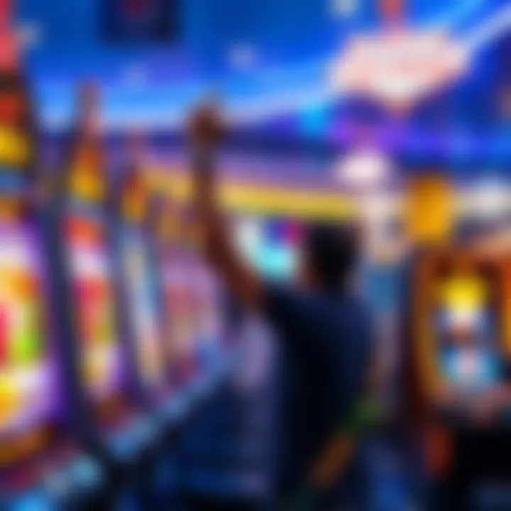 A player celebrating a big win at a slot machine in Las Vegas just before boarding a flight.