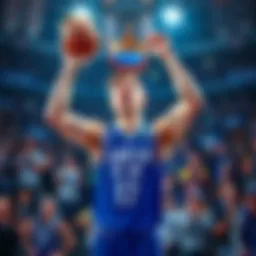 Luka Doncic celebrating his award as King of the Court, surrounded by basketball fans and sports banners