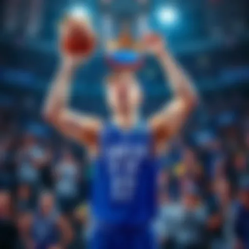 Luka Doncic celebrating his award as King of the Court, surrounded by basketball fans and sports banners