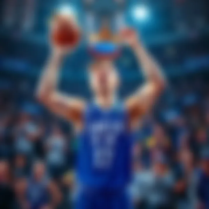 Luka Doncic celebrating his award as King of the Court, surrounded by basketball fans and sports banners