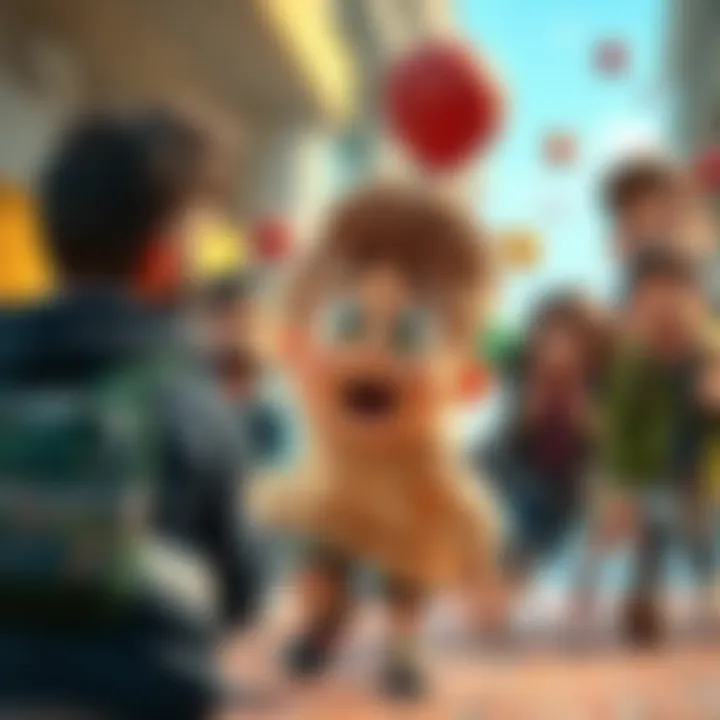 A cartoon character named Luka looks surprised as he accidentally bumps into a group of friends, causing chaos and laughter.