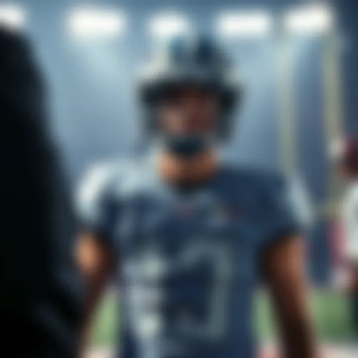 Luke McCaffrey wearing a football jersey, showing signs of injury on the sidelines