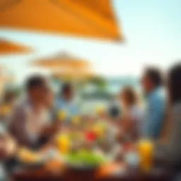 Group of people enjoying a lunch gathering with food and drinks on a sunny day
