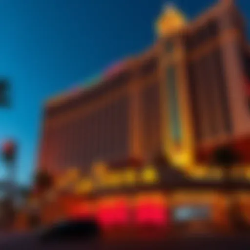 Exterior view of the Palazzo hotel in Las Vegas, showcasing its grand architecture and bright lights at night