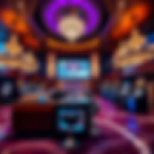 A luxurious casino lobby with elegant decor and a VIP rewards desk, showcasing a vibrant atmosphere.