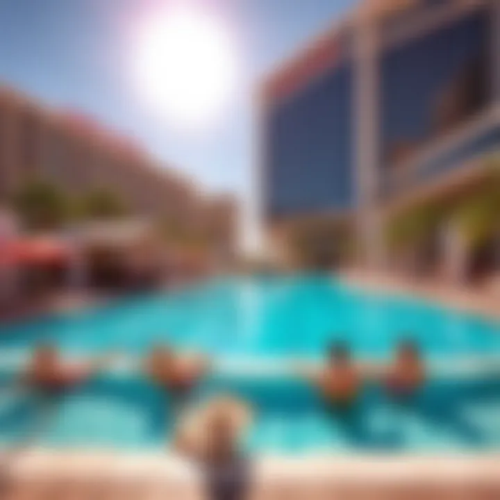 A vibrant hotel pool scene in Las Vegas with people relaxing and enjoying the sun