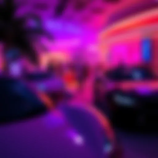A vibrant nightlife scene in Miami with people enjoying a party at a chic club, surrounded by bright lights and fancy cars.