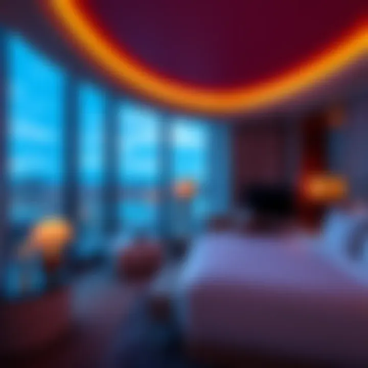 A view of an upscale hotel room at MGM Resorts, showcasing elegant furnishings and ambient lighting, ideal for guests looking for a complimentary stay.